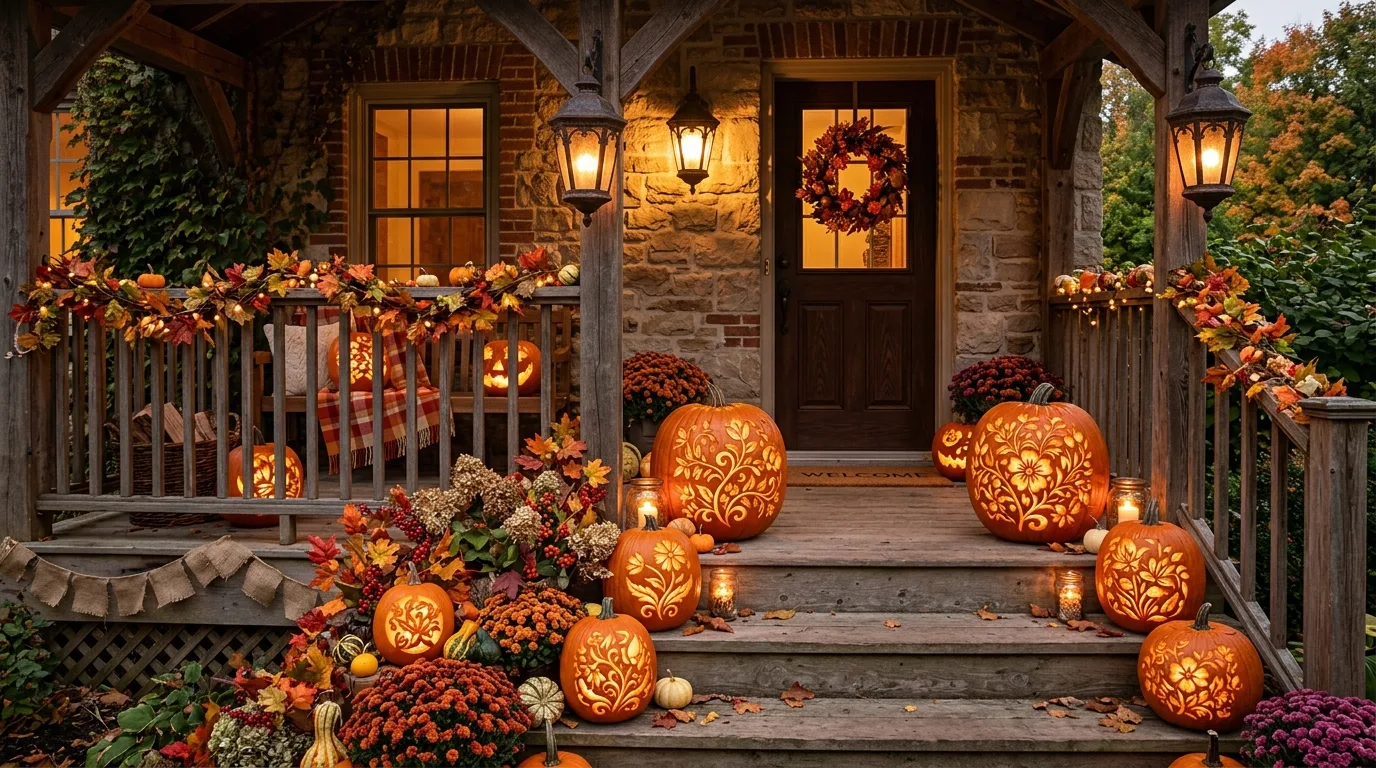 Finish with a pumpkin display that looks striking after dark inspiration for a Halloween porch display.